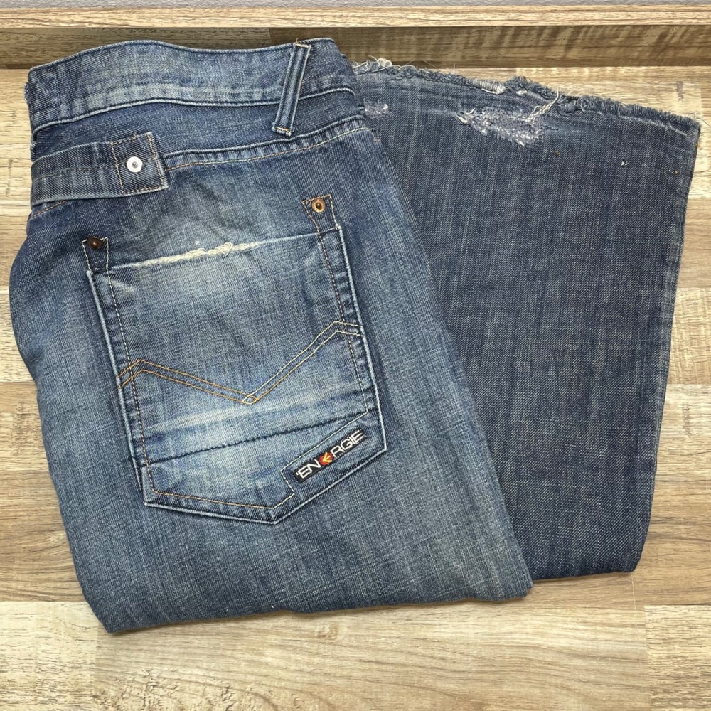 ENERGIE Crowell Wide Distressed Denim Jeans‎ Mens 36x31 Blue Medium Wash Raw Hem